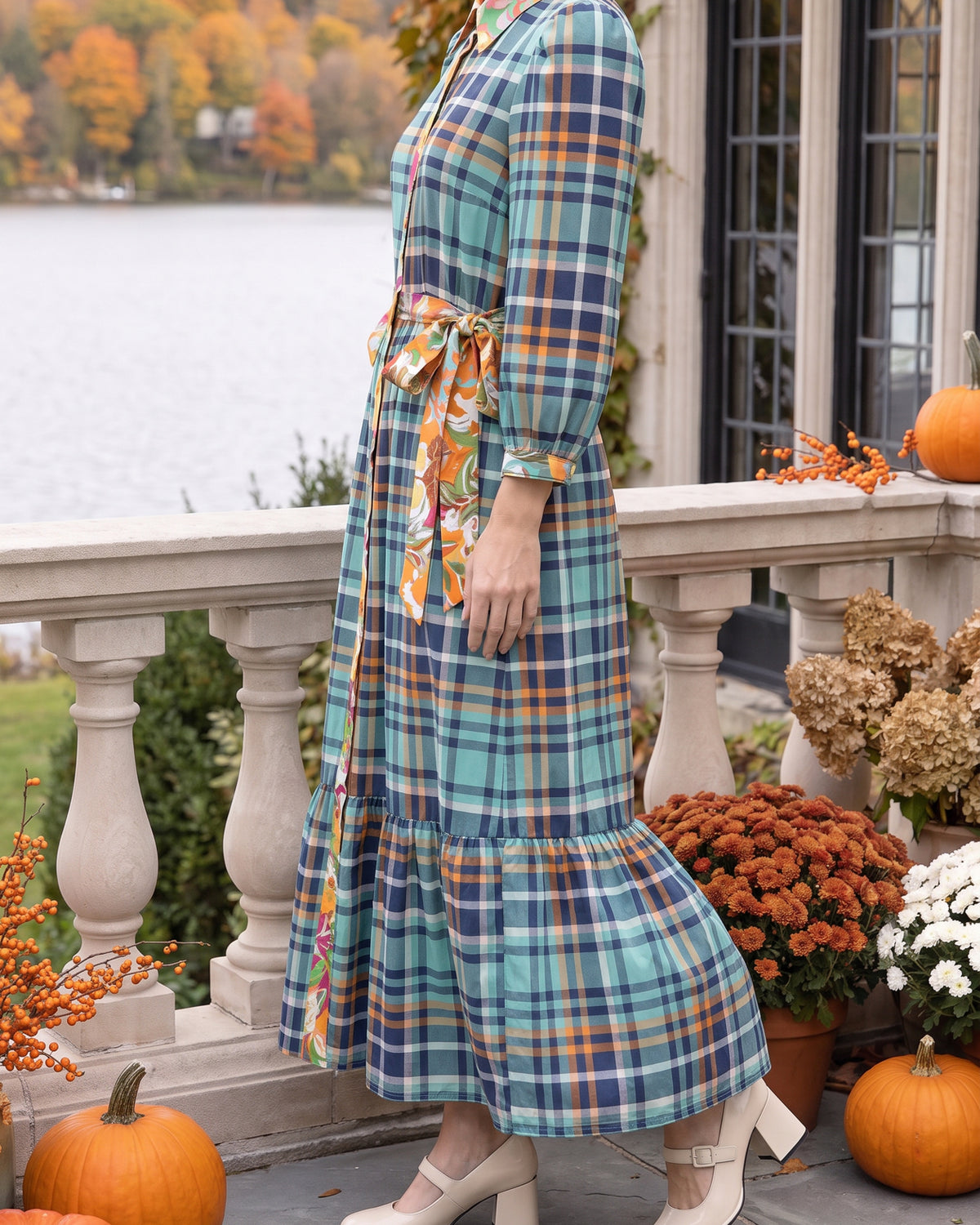 Model wearing Nuggles® Leila Maxi Dress in Highland Plaid