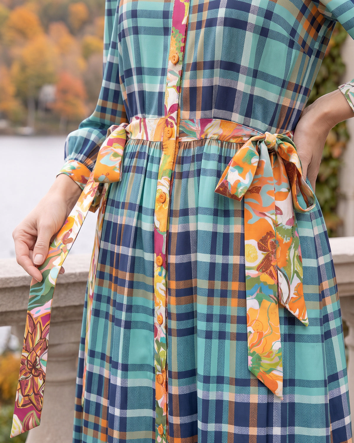 Model wearing Nuggles® Leila Maxi Dress in Highland Plaid