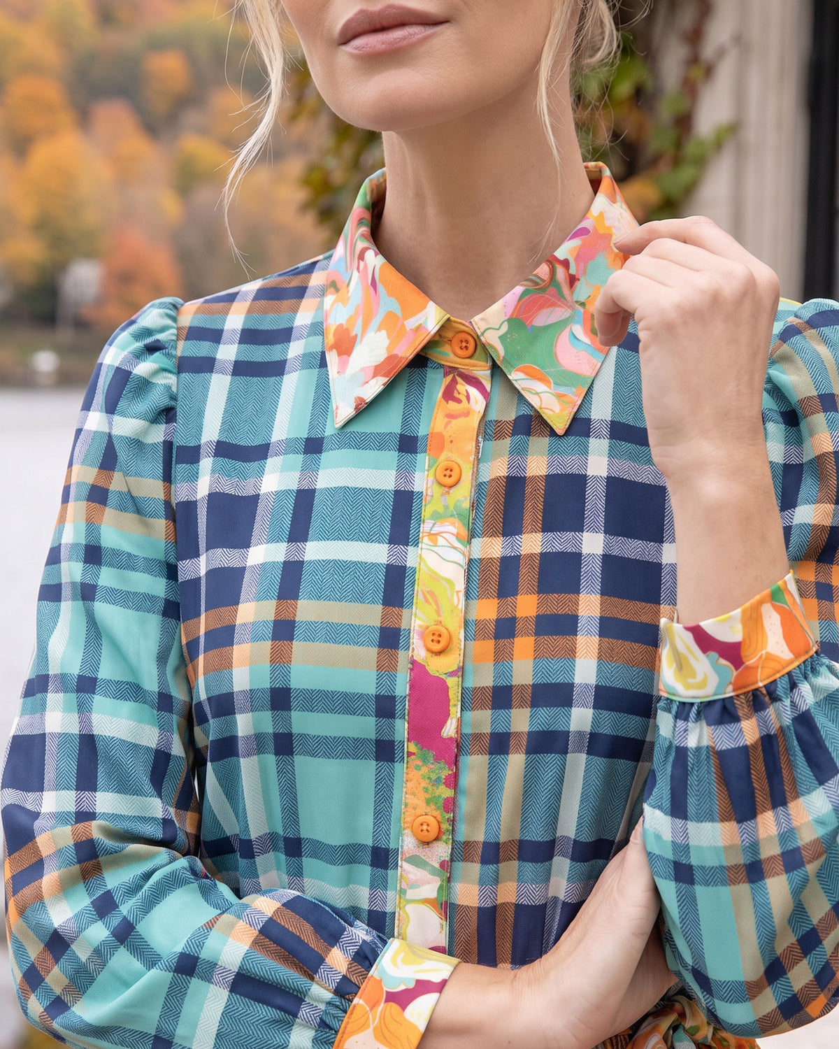 Model wearing Nuggles® Leila Maxi Dress in Highland Plaid