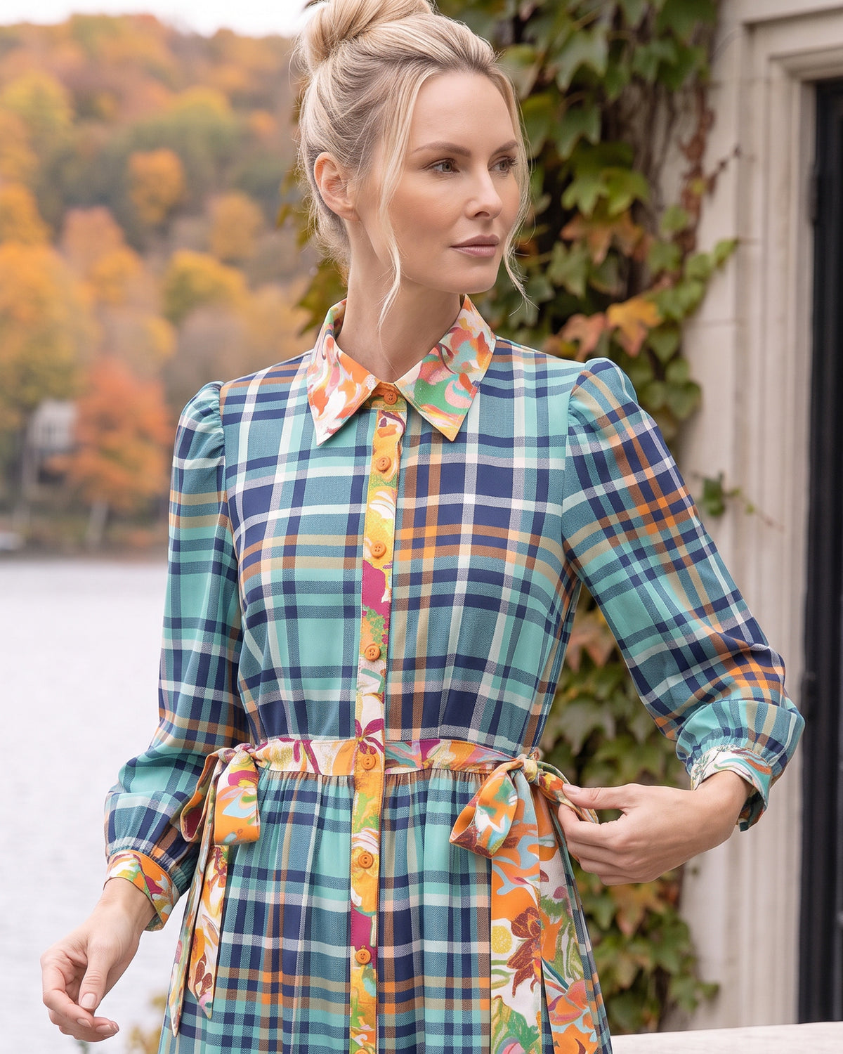 Model wearing Nuggles® Leila Maxi Dress in Highland Plaid