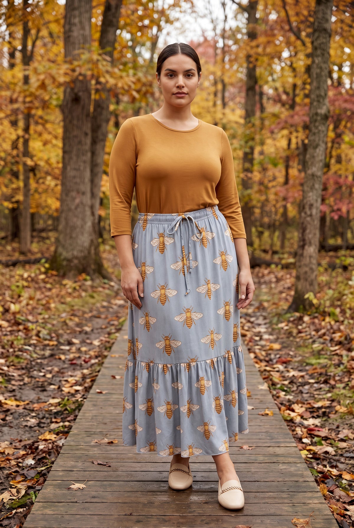 Model wearing Nuggles® Sage Skirt in Honey Bee