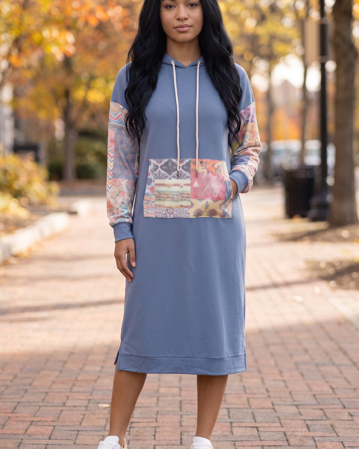 Model wearing Nuggles® Hoodie Dress in Boho Mosaic