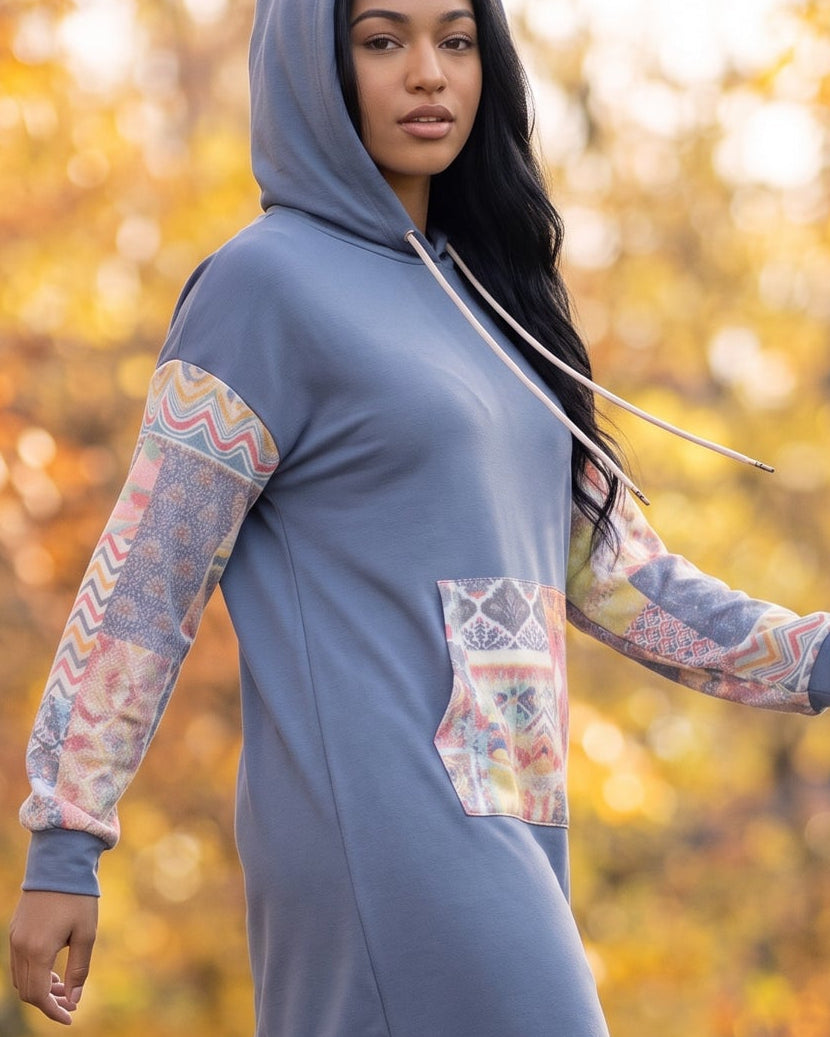 Model wearing Nuggles® Hoodie Dress in Boho Mosaic