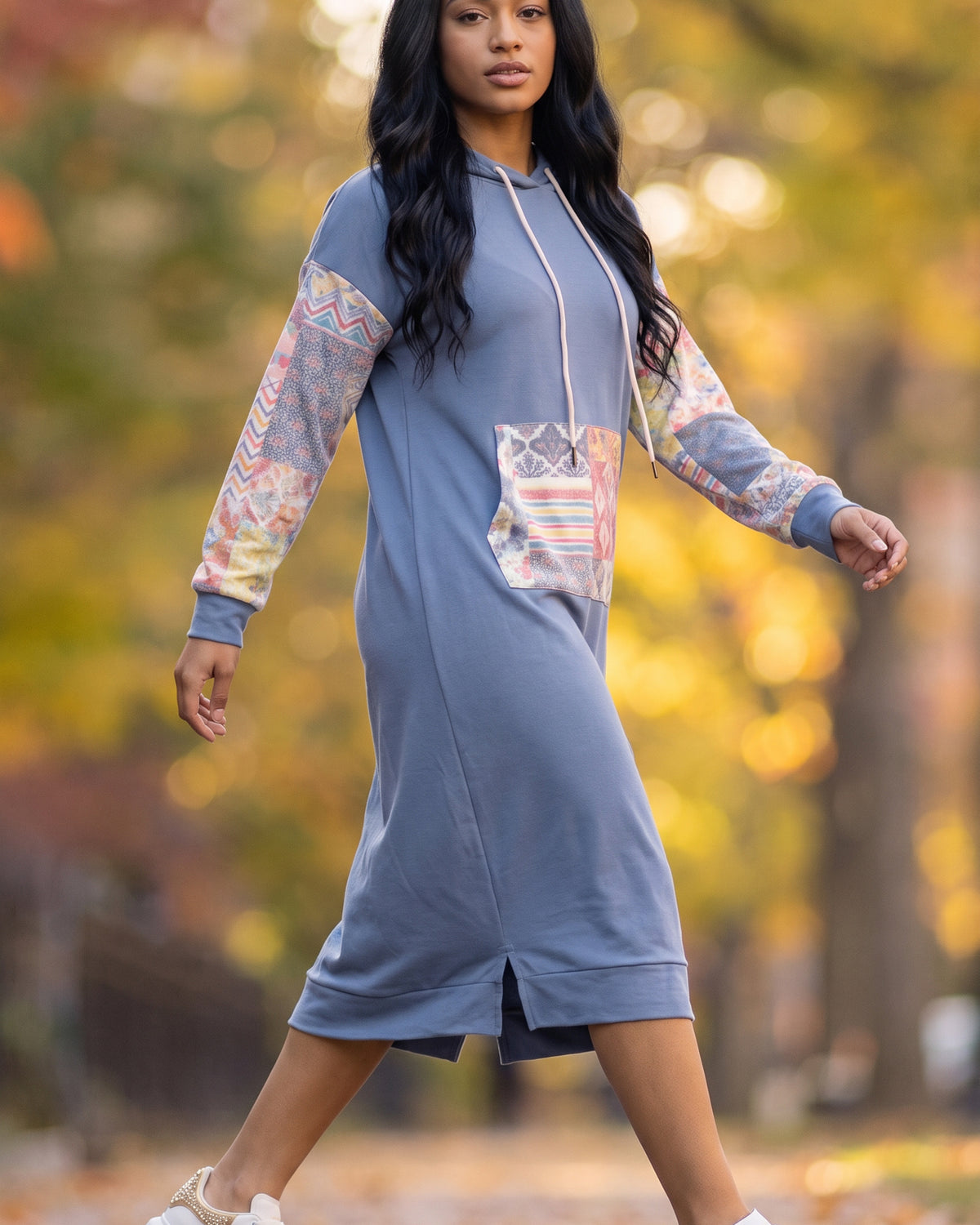 Model wearing Nuggles® Hoodie Dress in Boho Mosaic