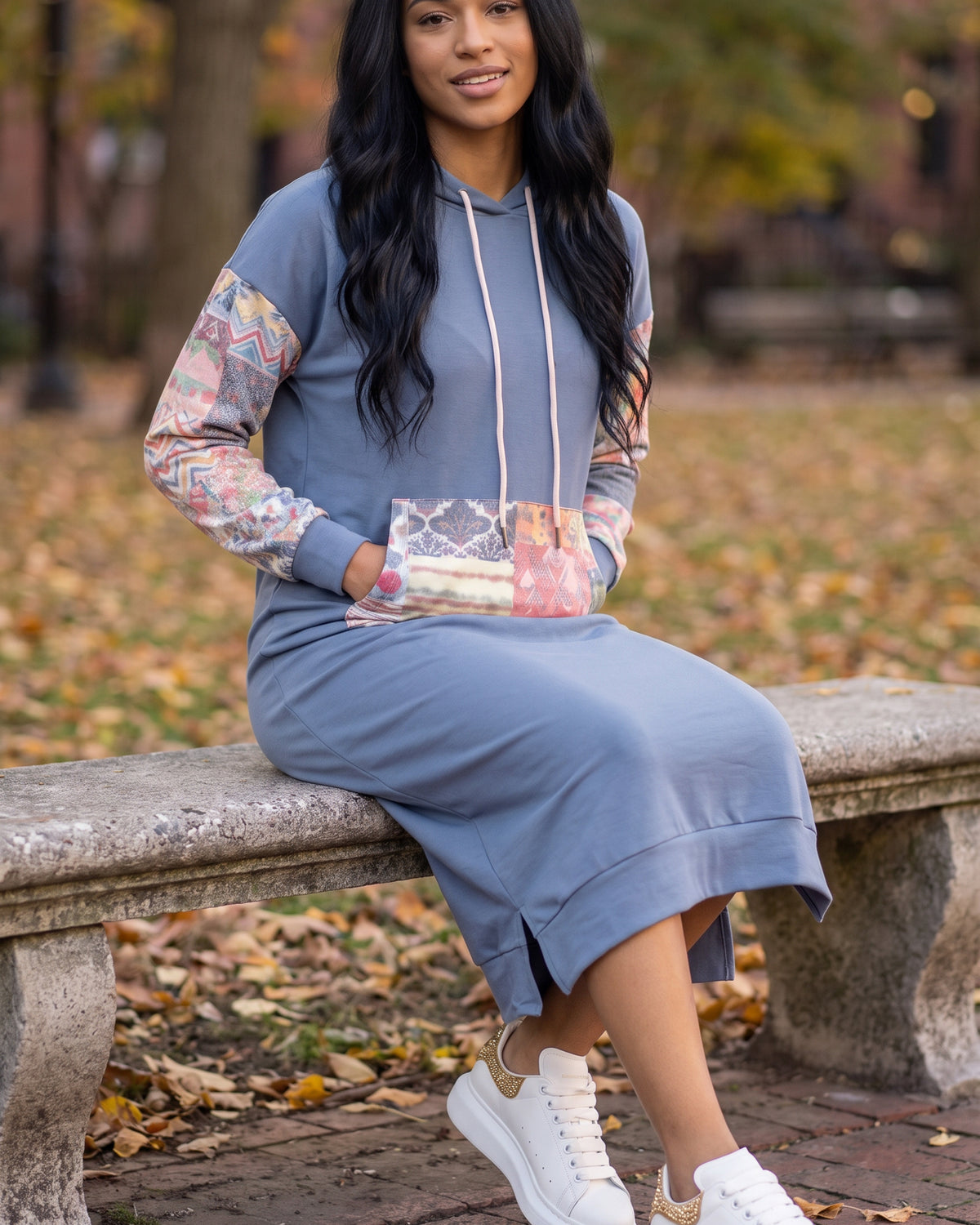 Model wearing Nuggles® Hoodie Dress in Boho Mosaic