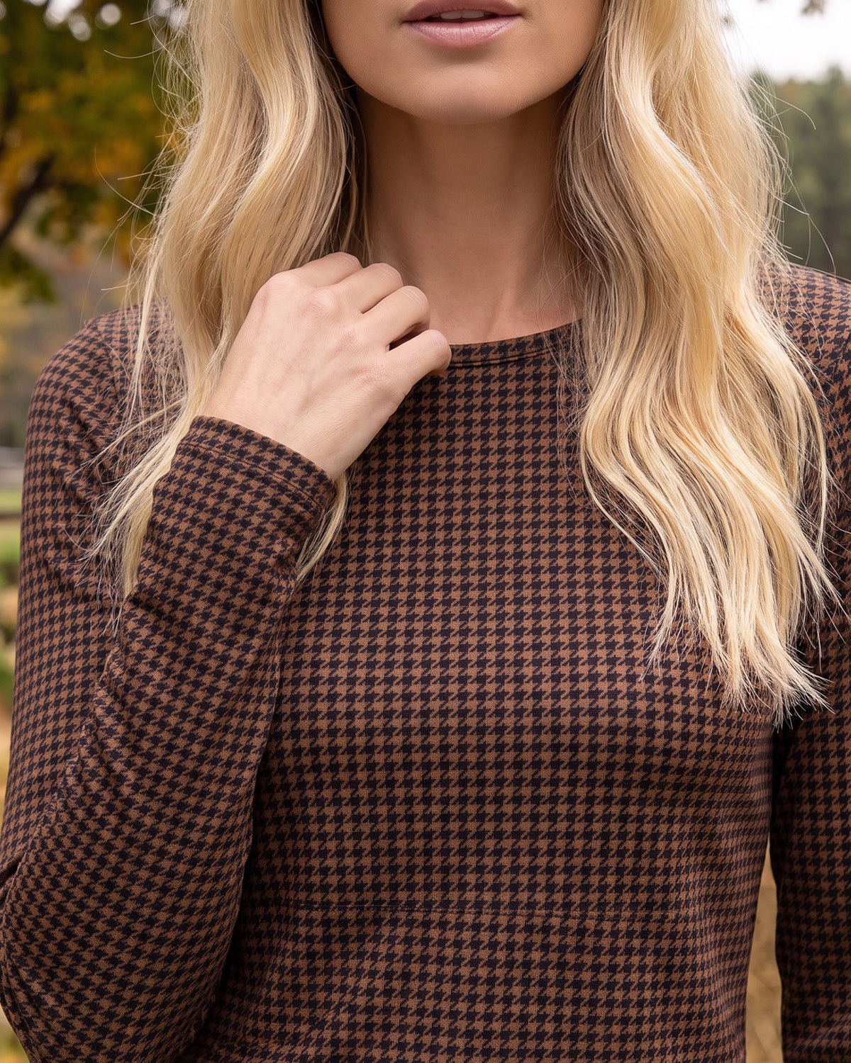 Model wearing Nuggles® Long Sleeve Essential Tee in Houndstooth