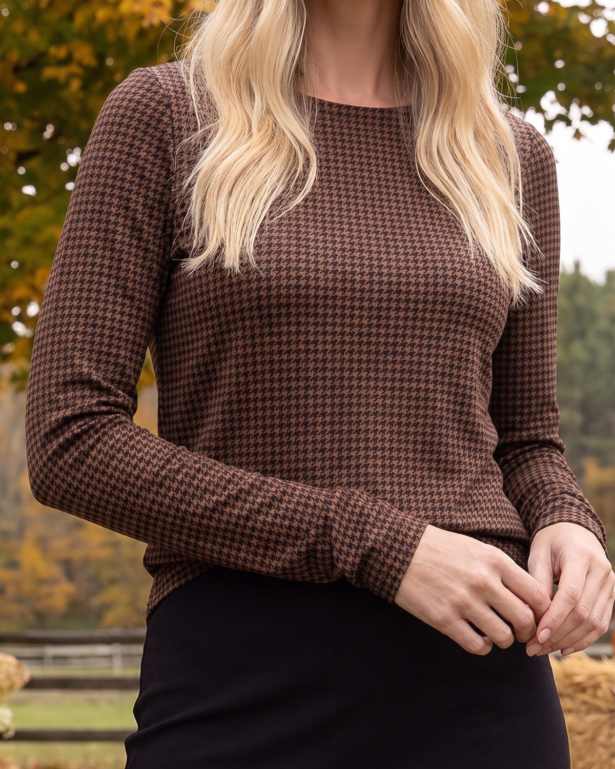 Model wearing Nuggles® Long Sleeve Essential Tee in Houndstooth