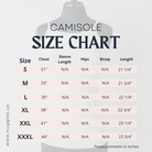 Nuggles camisole size chart showing sizes S to XXL with corresponding chest measurements in inches.