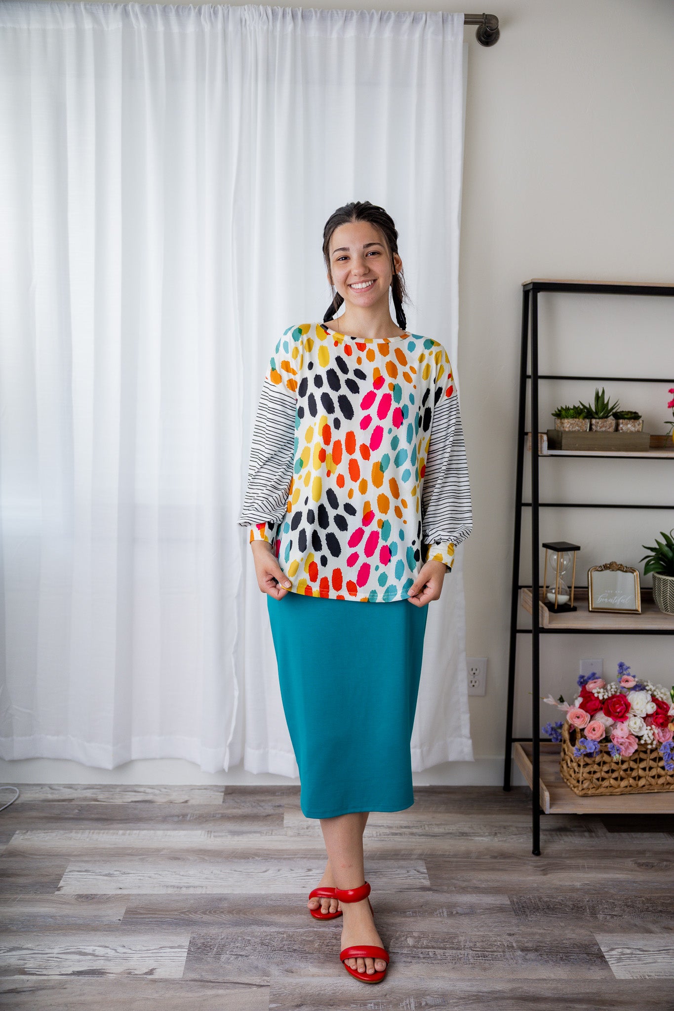 Modest women's long sleeve knit top with contrasting prints, sleeve cuffs, styled for casual or dressy wear by Nuggles®.
