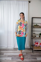Modest women's long sleeve knit top with contrasting prints, sleeve cuffs, styled for casual or dressy wear by Nuggles®.