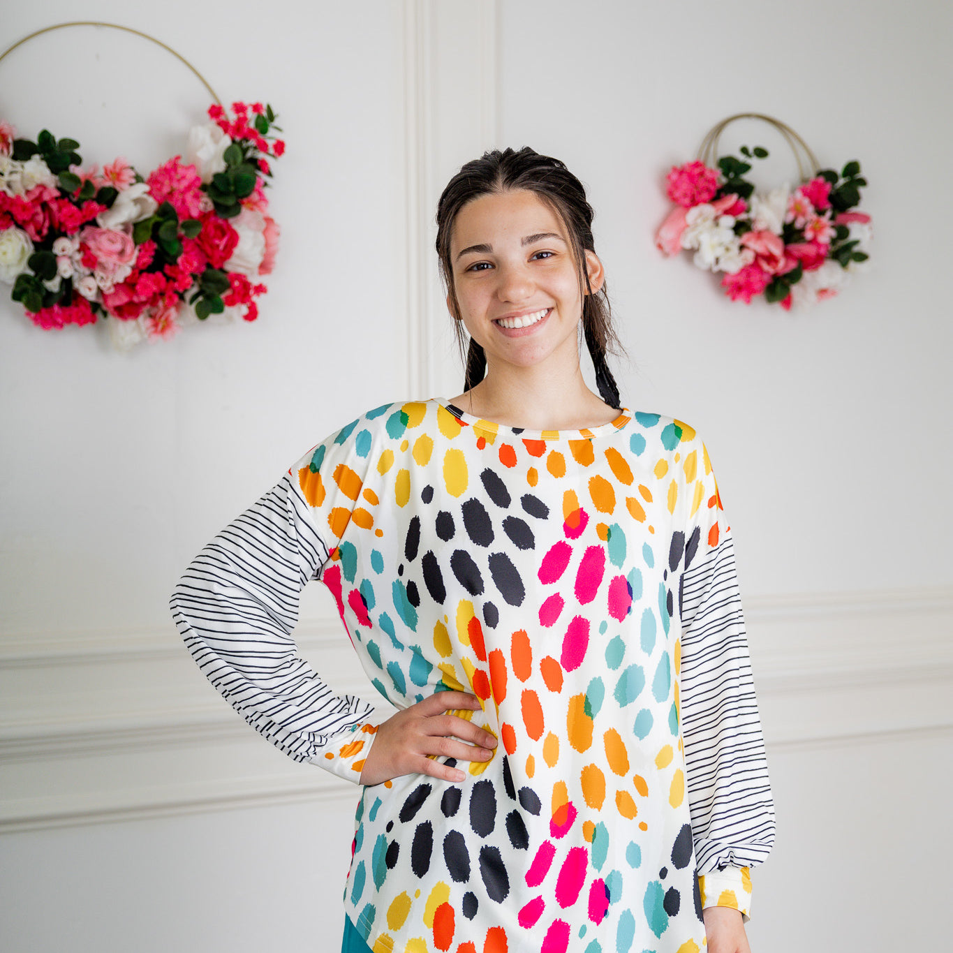 Modest women's long sleeve knit top with contrasting prints, sleeve cuffs, styled for casual or dressy wear by Nuggles®.