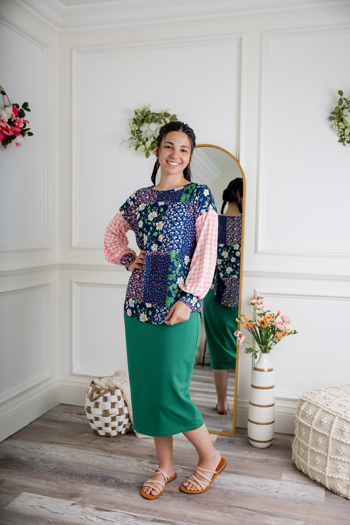 Modest women's long sleeve knit top with contrasting prints, sleeve cuffs, styled for casual or dressy wear by Nuggles®.