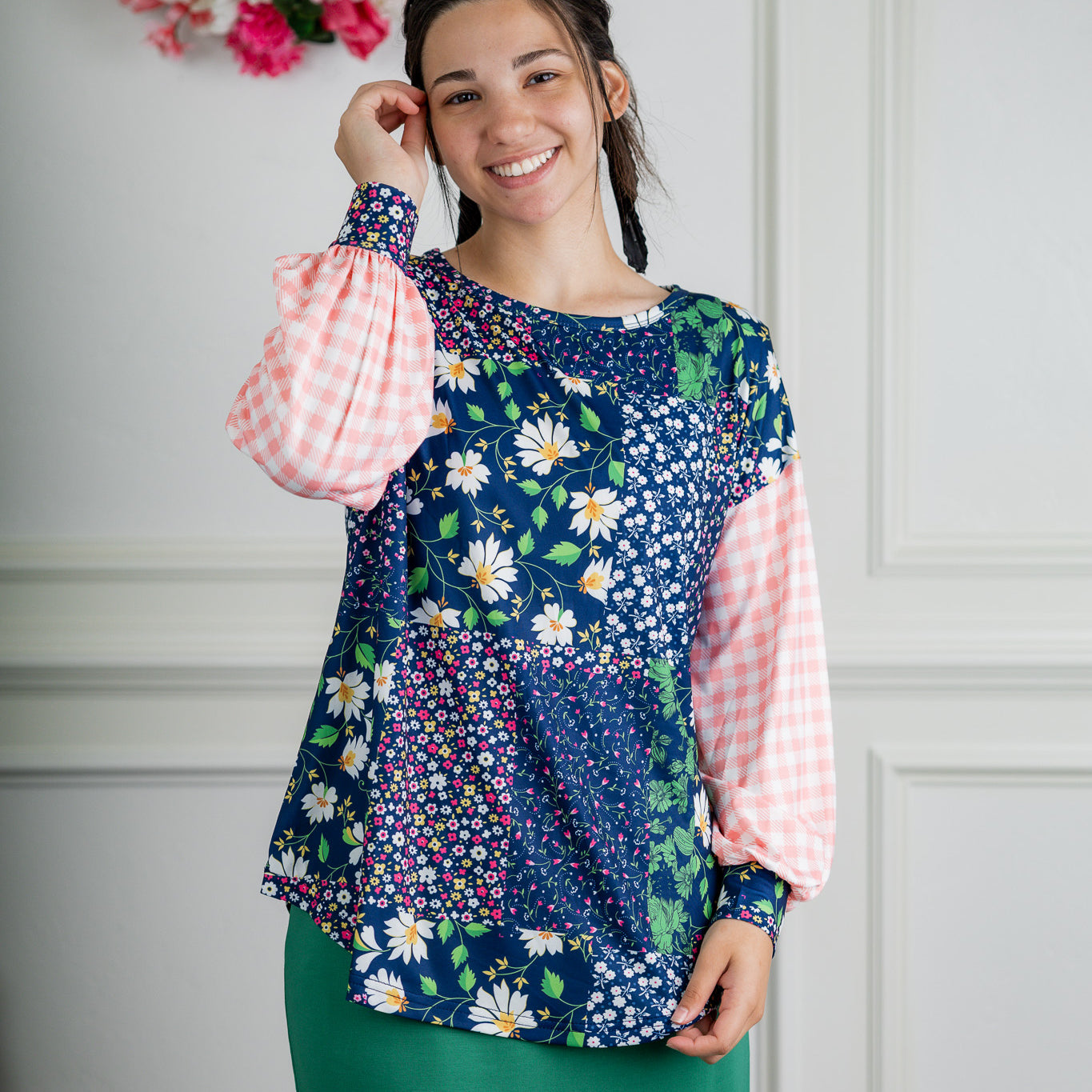 Modest women's long sleeve knit top with contrasting prints, sleeve cuffs, styled for casual or dressy wear by Nuggles®.