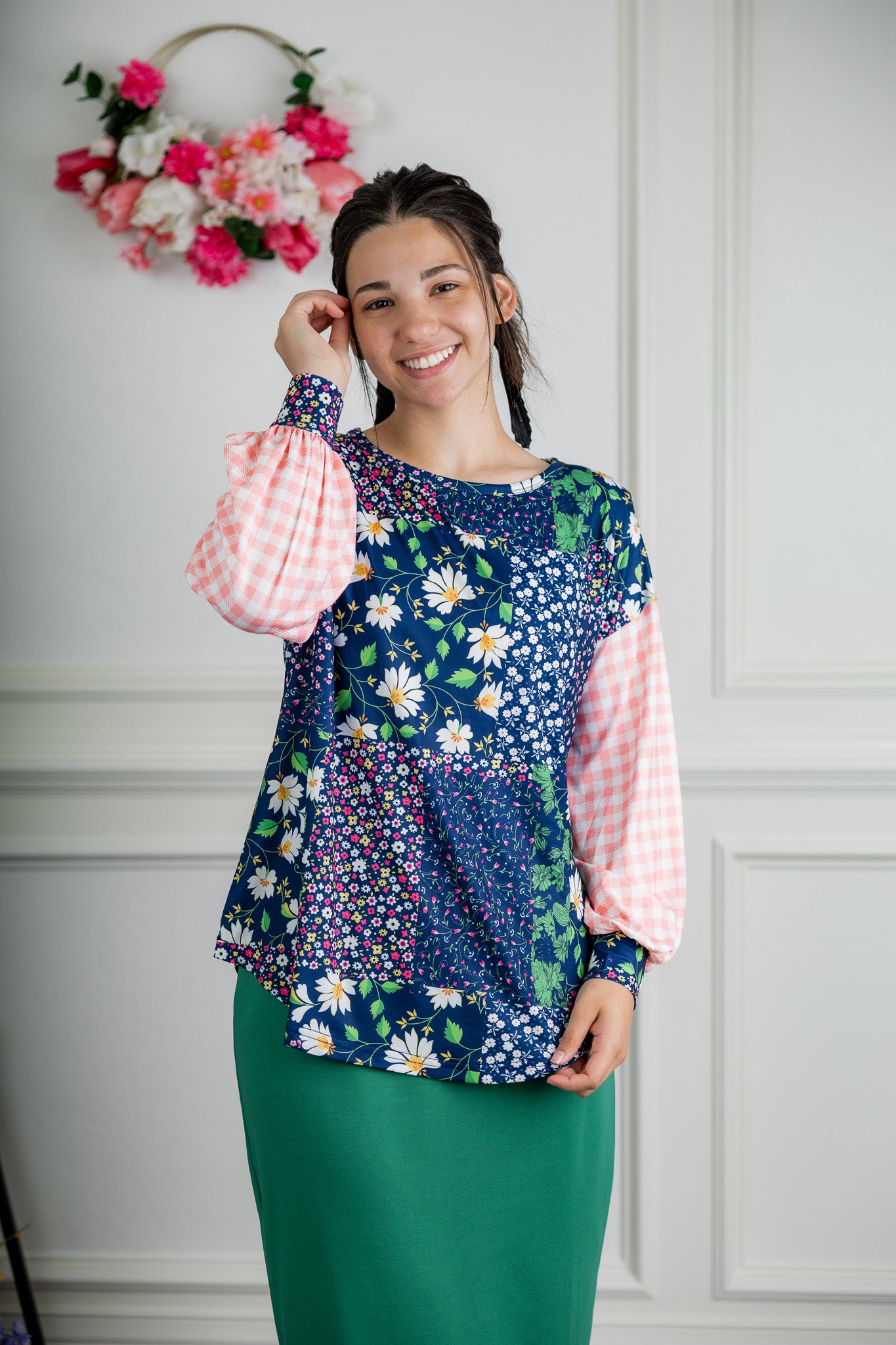 Modest women's long sleeve knit top with contrasting prints, sleeve cuffs, styled for casual or dressy wear by Nuggles®.