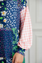 Modest women's long sleeve knit top with contrasting prints, sleeve cuffs, styled for casual or dressy wear by Nuggles®.