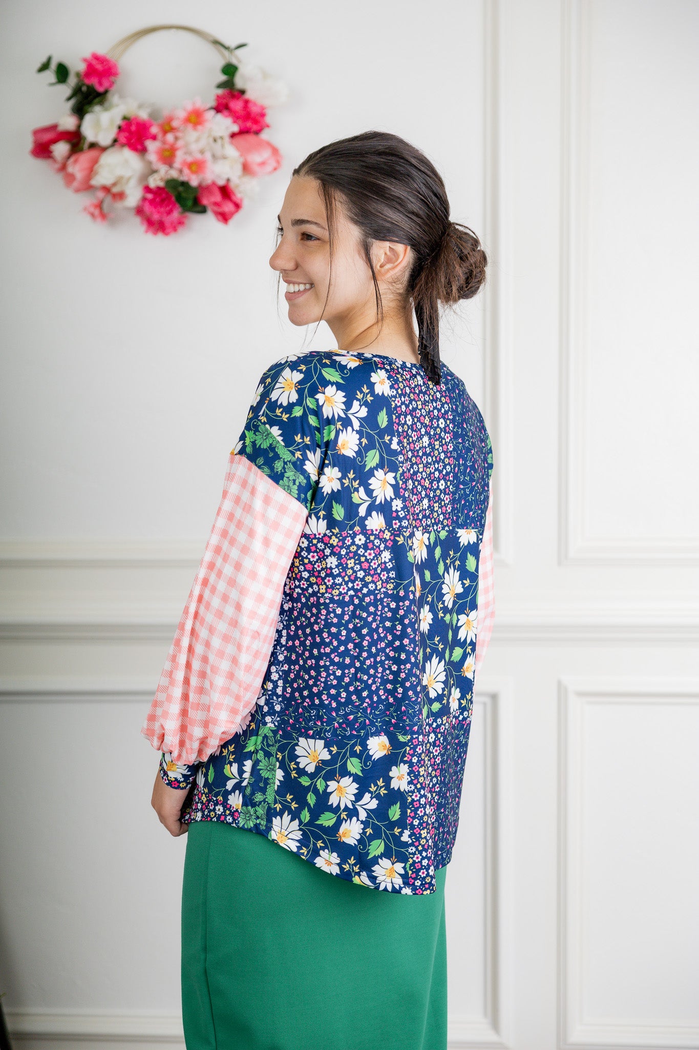 Modest women's long sleeve knit top with contrasting prints, sleeve cuffs, styled for casual or dressy wear by Nuggles®.