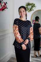 Modest women's long sleeve knit top with contrasting prints, sleeve cuffs, styled for casual or dressy wear by Nuggles®.