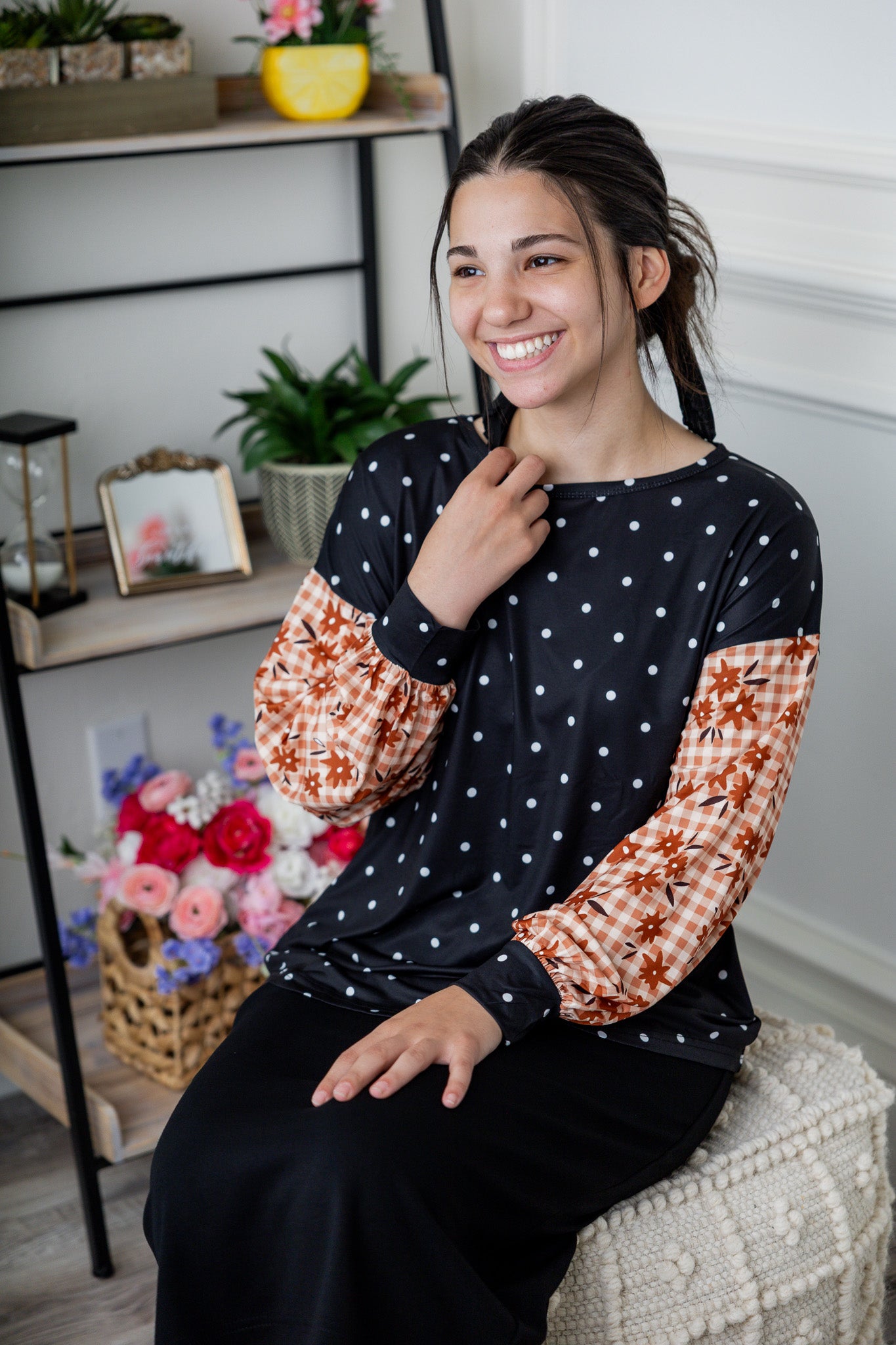 Modest women's long sleeve knit top with contrasting prints, sleeve cuffs, styled for casual or dressy wear by Nuggles®.