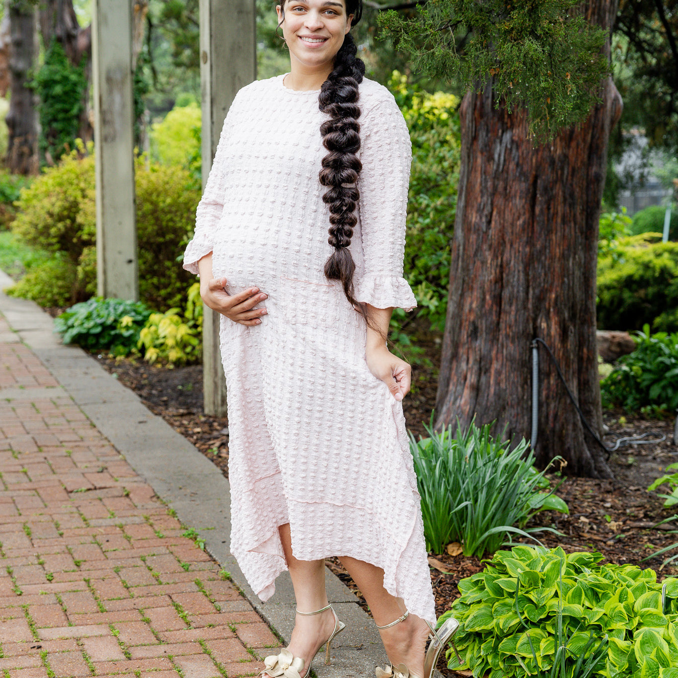 Mommy and Me matching dresses – Model in textured Daphne Dress.