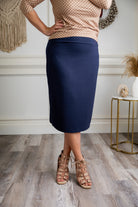 27-inch inch modest midi tee skirts in solid colors, prints, featuring a wide yoga-style waistband and soft stretch t-shirt fabric