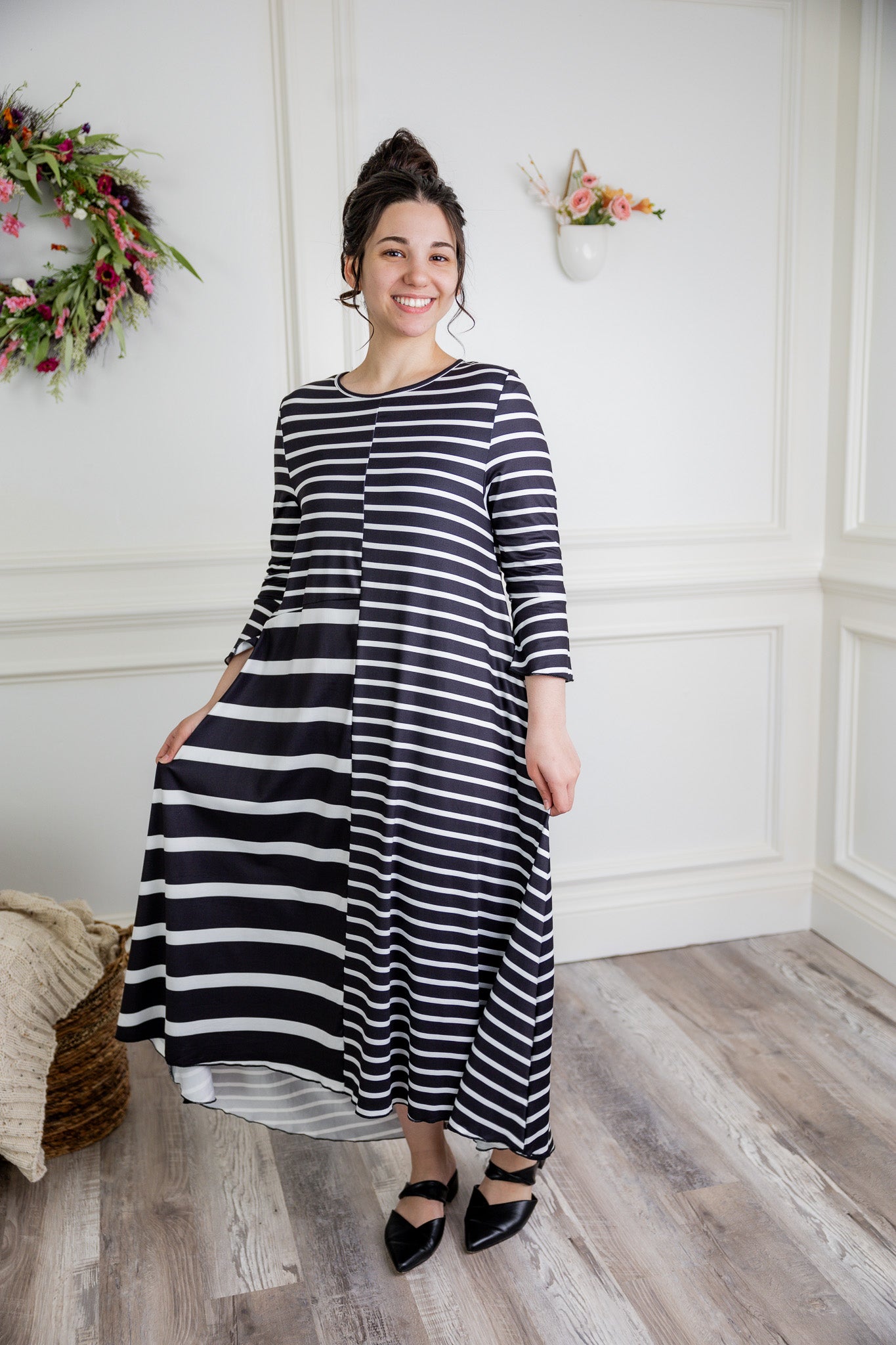 Modest high low knit dress with asymmetrical hem, ruffle sleeves, and mixed front prints – Kristine Dress by Nuggles®