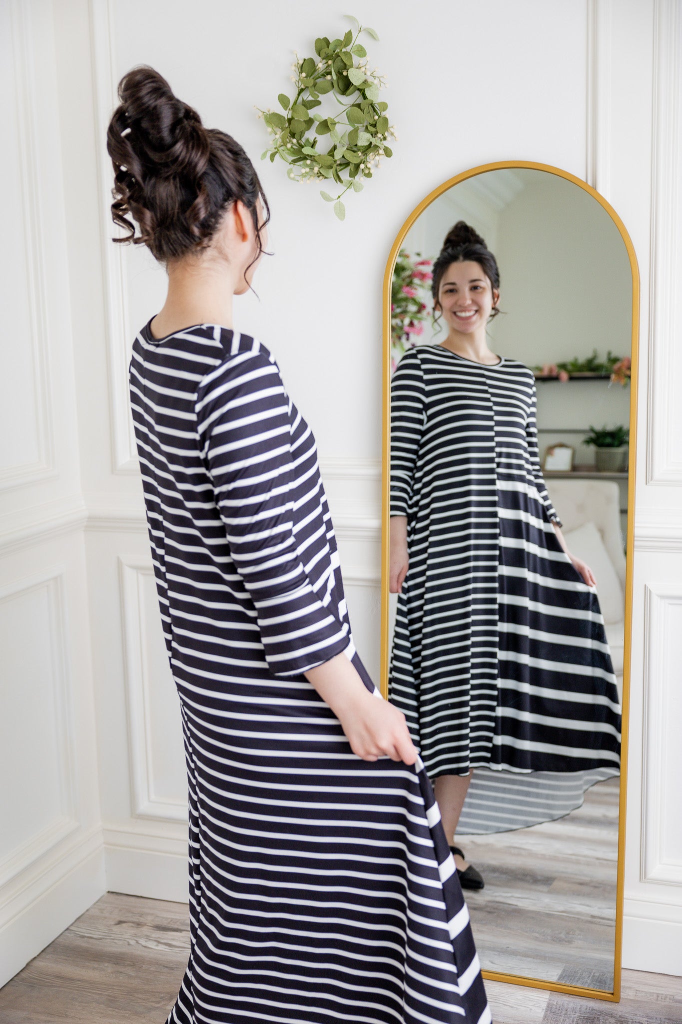 Modest high low knit dress with asymmetrical hem, ruffle sleeves, and mixed front prints – Kristine Dress by Nuggles®