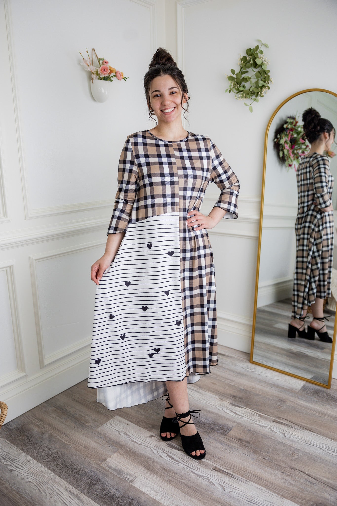 Modest high low knit dress with asymmetrical hem, ruffle sleeves, and mixed front prints – Kristine Dress by Nuggles®