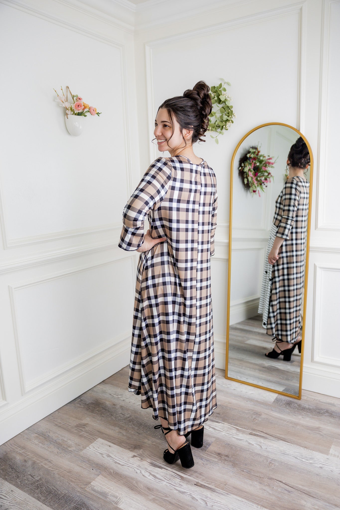 Modest high low knit dress with asymmetrical hem, ruffle sleeves, and mixed front prints – Kristine Dress by Nuggles®