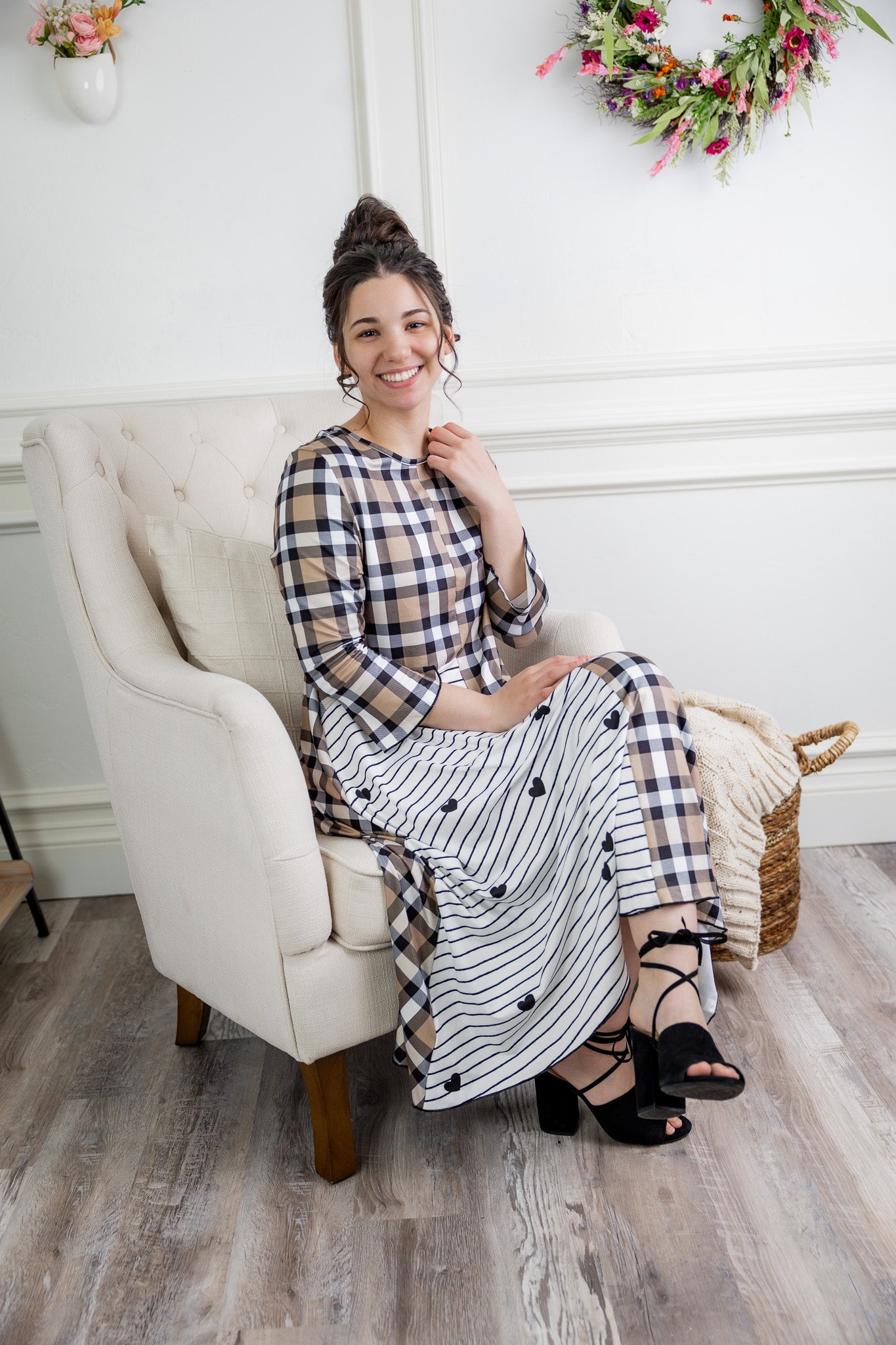 Modest high low knit dress with asymmetrical hem, ruffle sleeves, and mixed front prints – Kristine Dress by Nuggles®