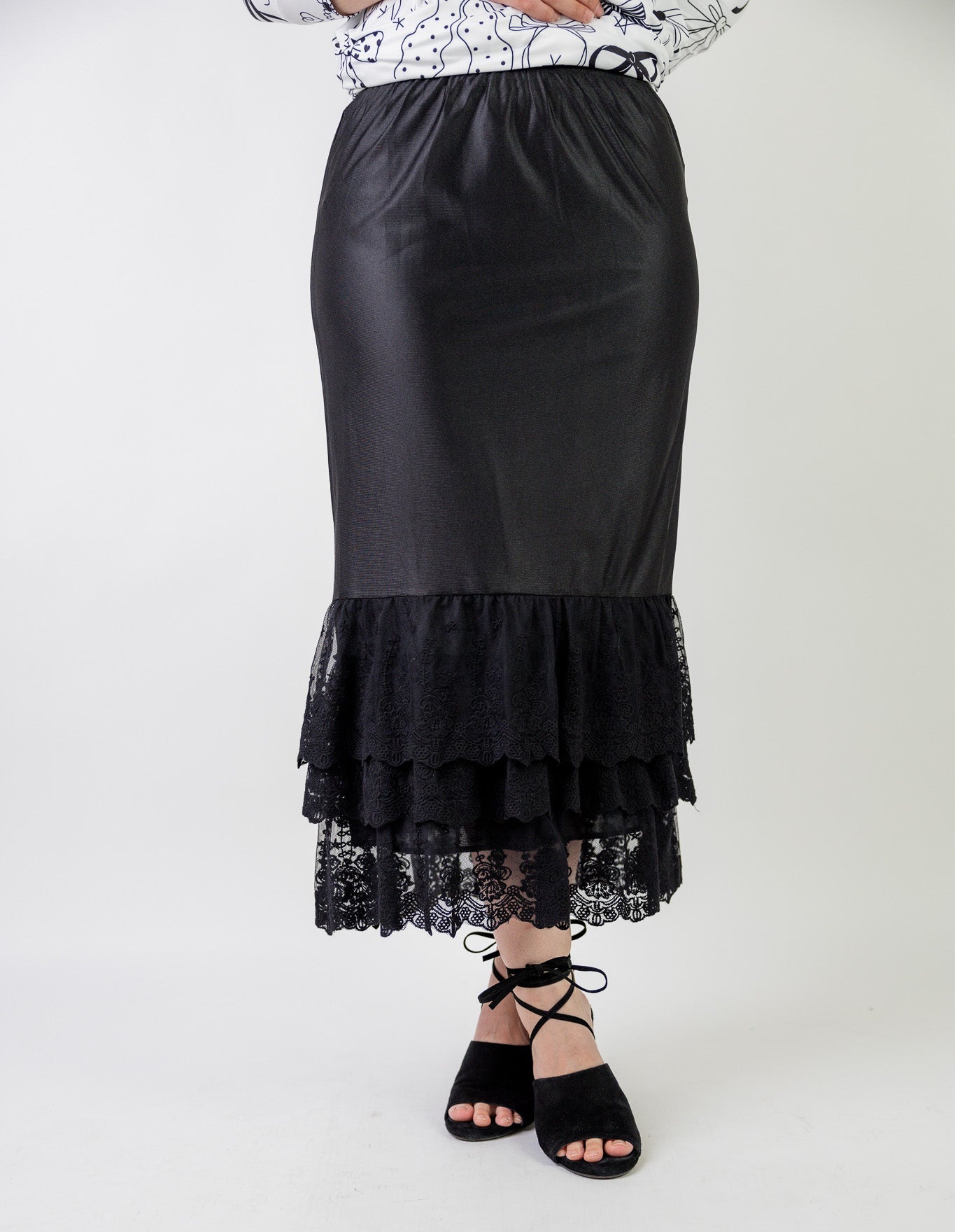 Nuggles® Lace Layering Slip with triple lace ruffle hem – modest slip for women