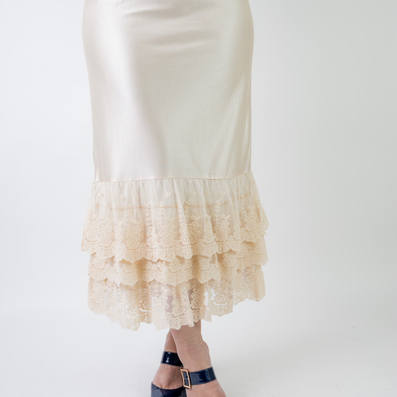 Nuggles® Lace Layering Slip with triple lace ruffle hem – modest slip for women