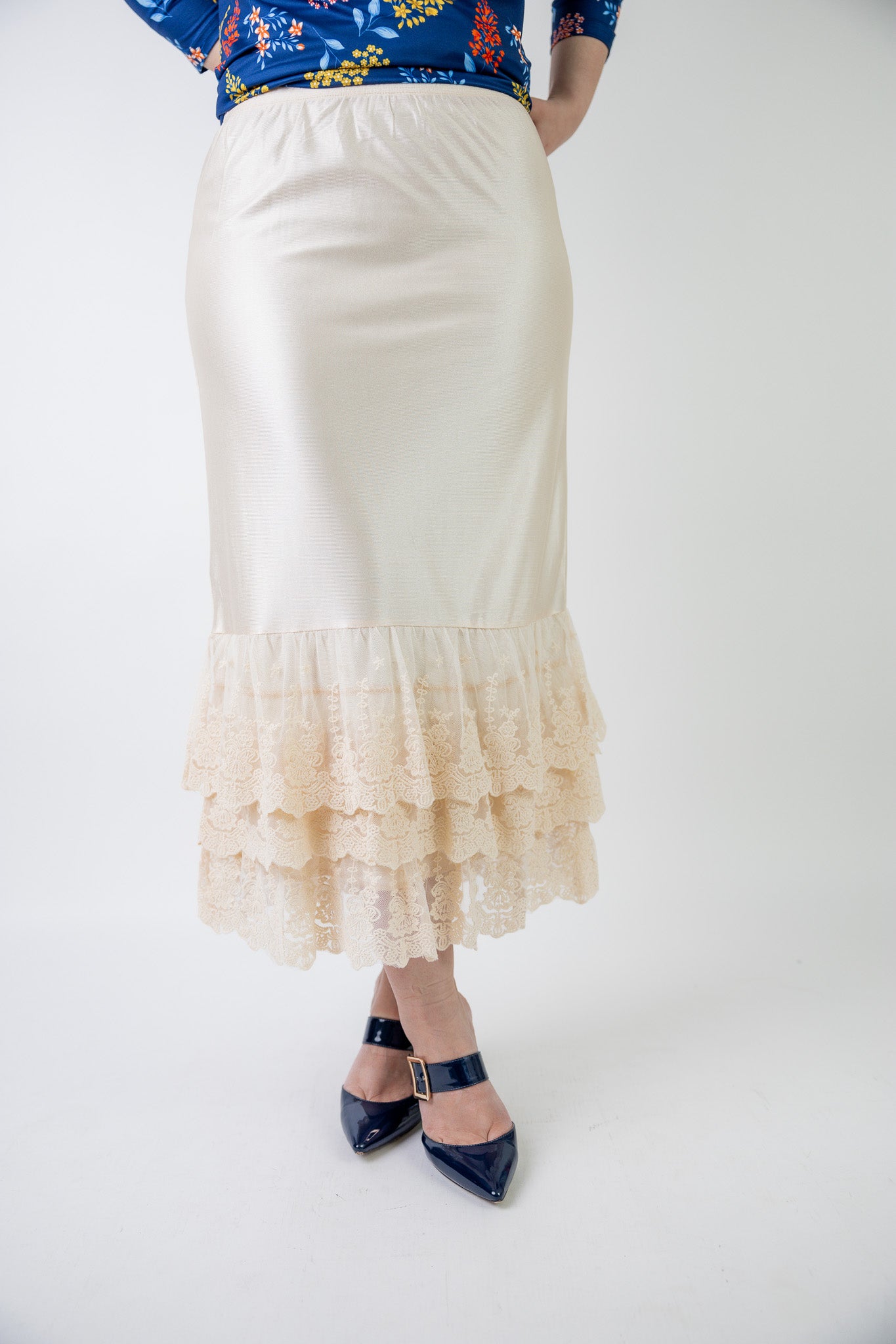 Nuggles® Lace Layering Slip with triple lace ruffle hem – modest slip for women