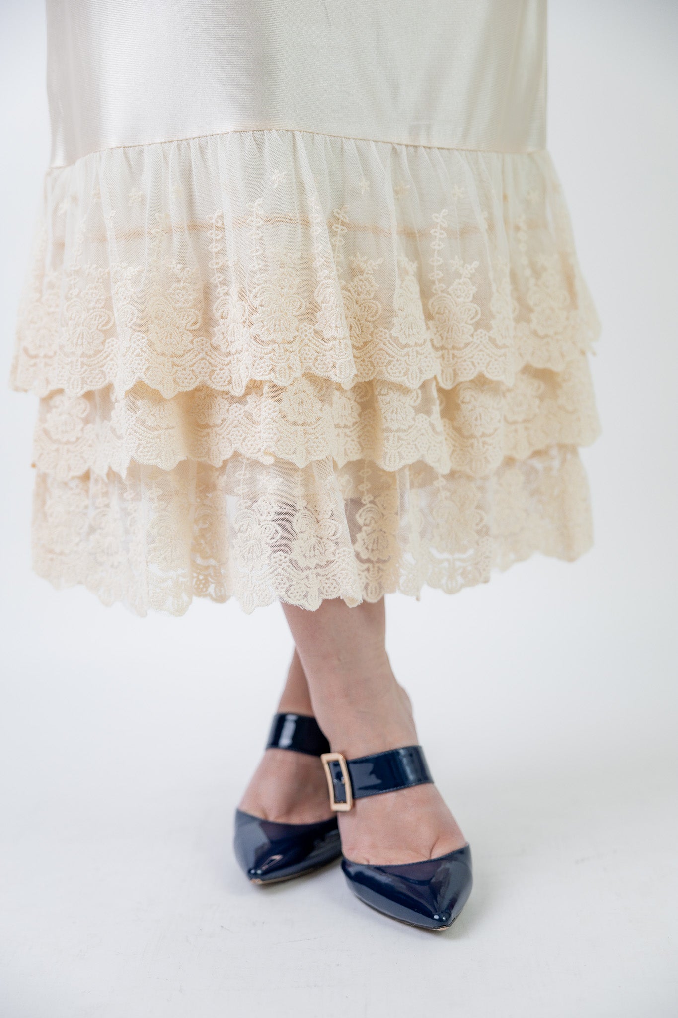 Nuggles® Lace Layering Slip with triple lace ruffle hem – modest slip for women