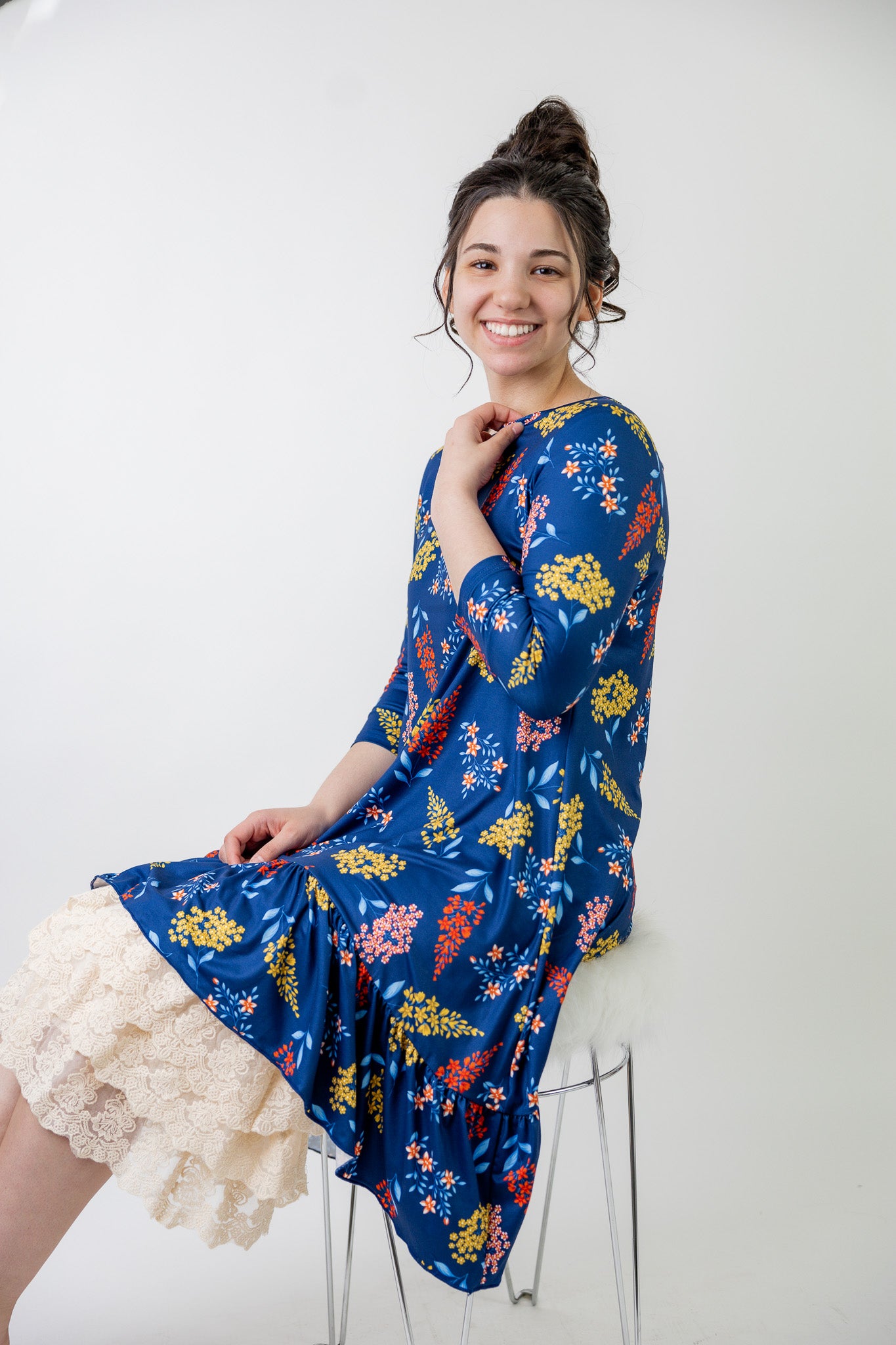 Modest print tunic for women – Nuggles® Rose Top with high-low ruffle hem and 3/4 sleeves.