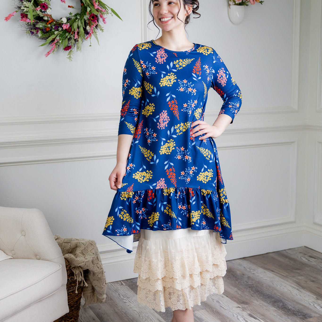 Modest print tunic for women – Nuggles® Rose Top with high-low ruffle hem and 3/4 sleeves.