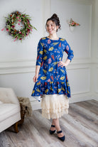 Modest print tunic for women – Nuggles® Rose Top with high-low ruffle hem and 3/4 sleeves.