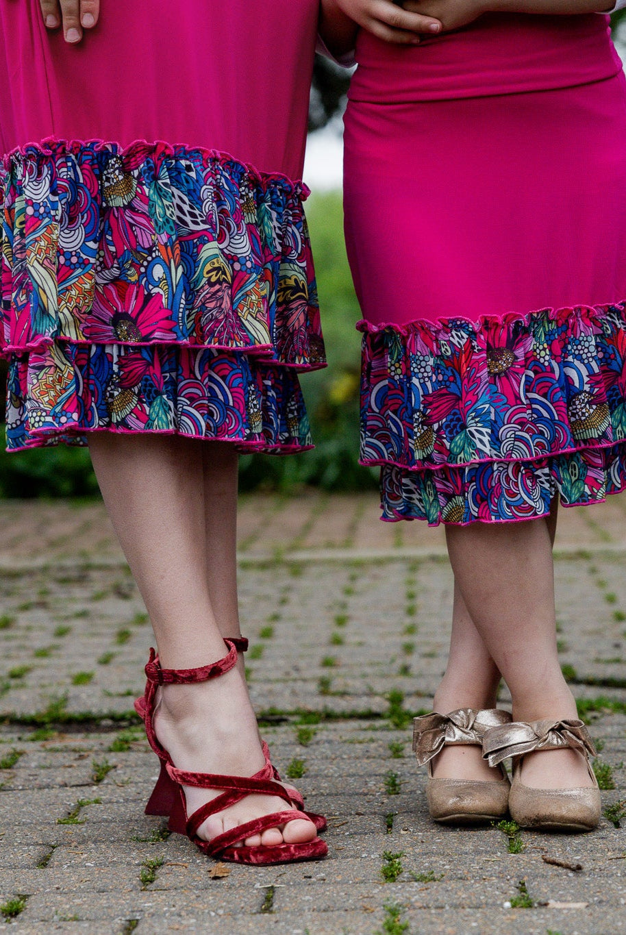 Modest girls’ ruffle slip with wide no-elastic waistband, perfect for layering under dresses and skirts.