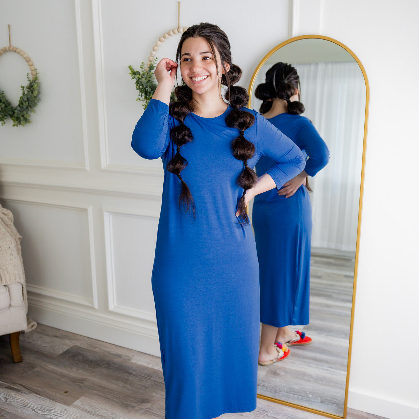 Model wearing Nuggles® Original Style Midi Layering Dress in soft cotton knit