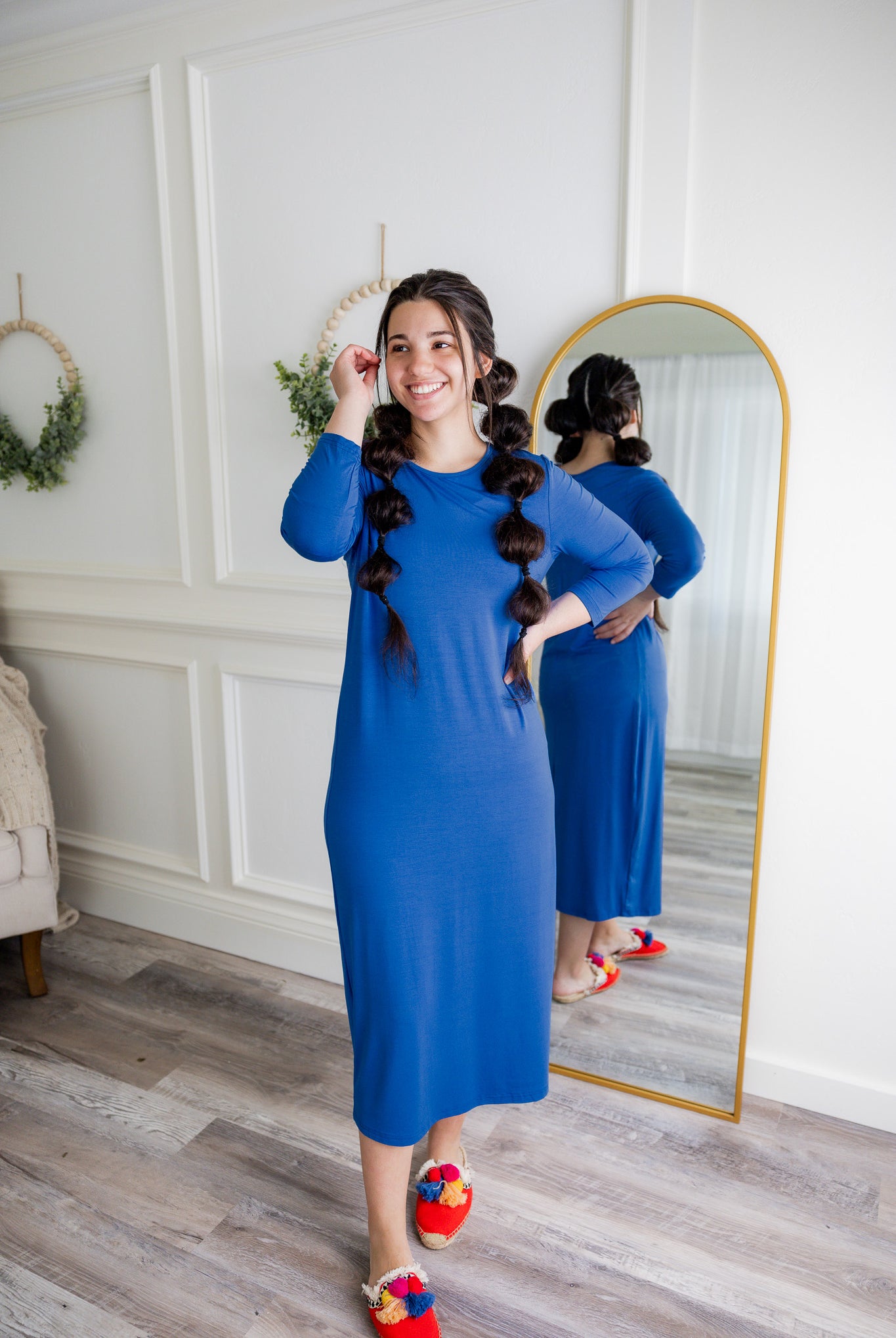 Model wearing  Nuggles® Original Style Midi Layering Dress in soft cotton knit