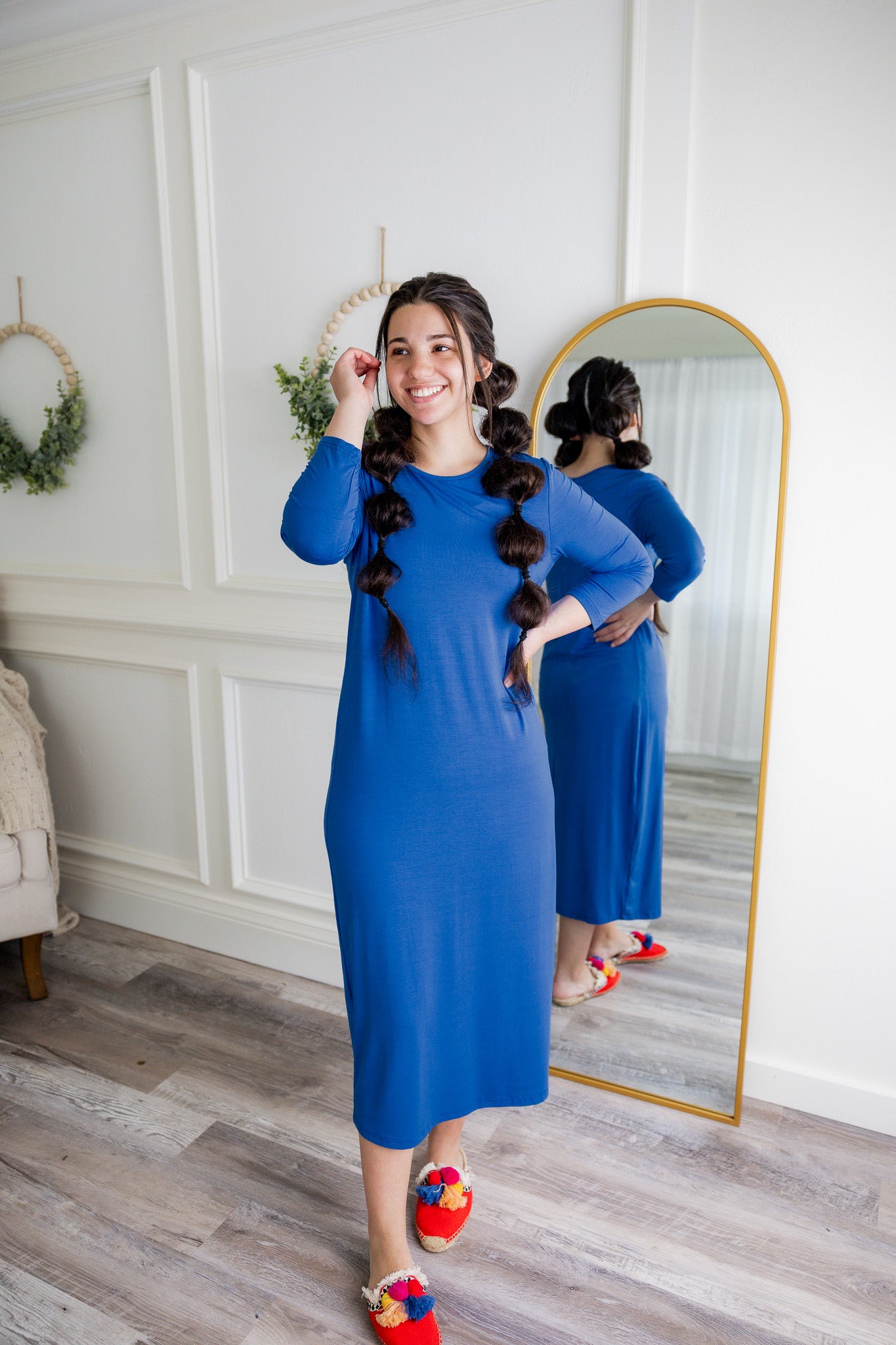 Model wearing Nuggles® Original Style Midi Layering Dress in soft cotton knit