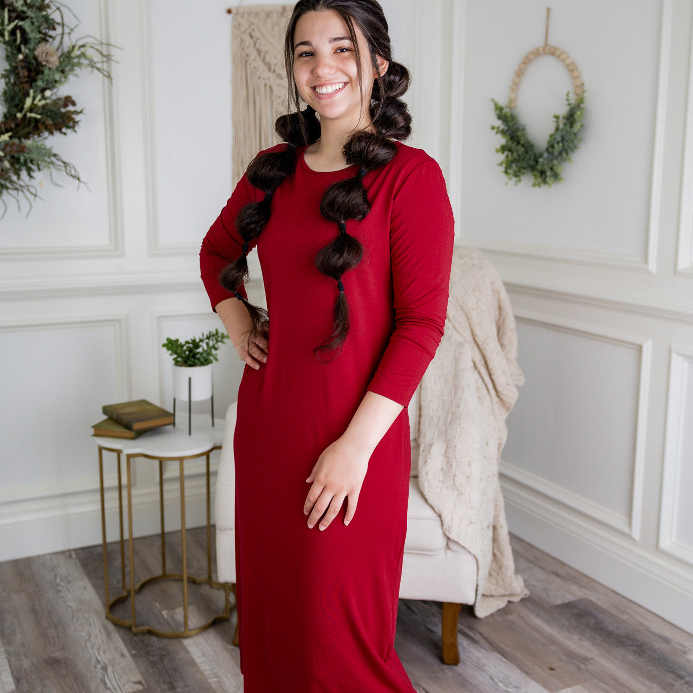 Model wearing Nuggles® Original Style Midi Layering Dress in soft cotton knit