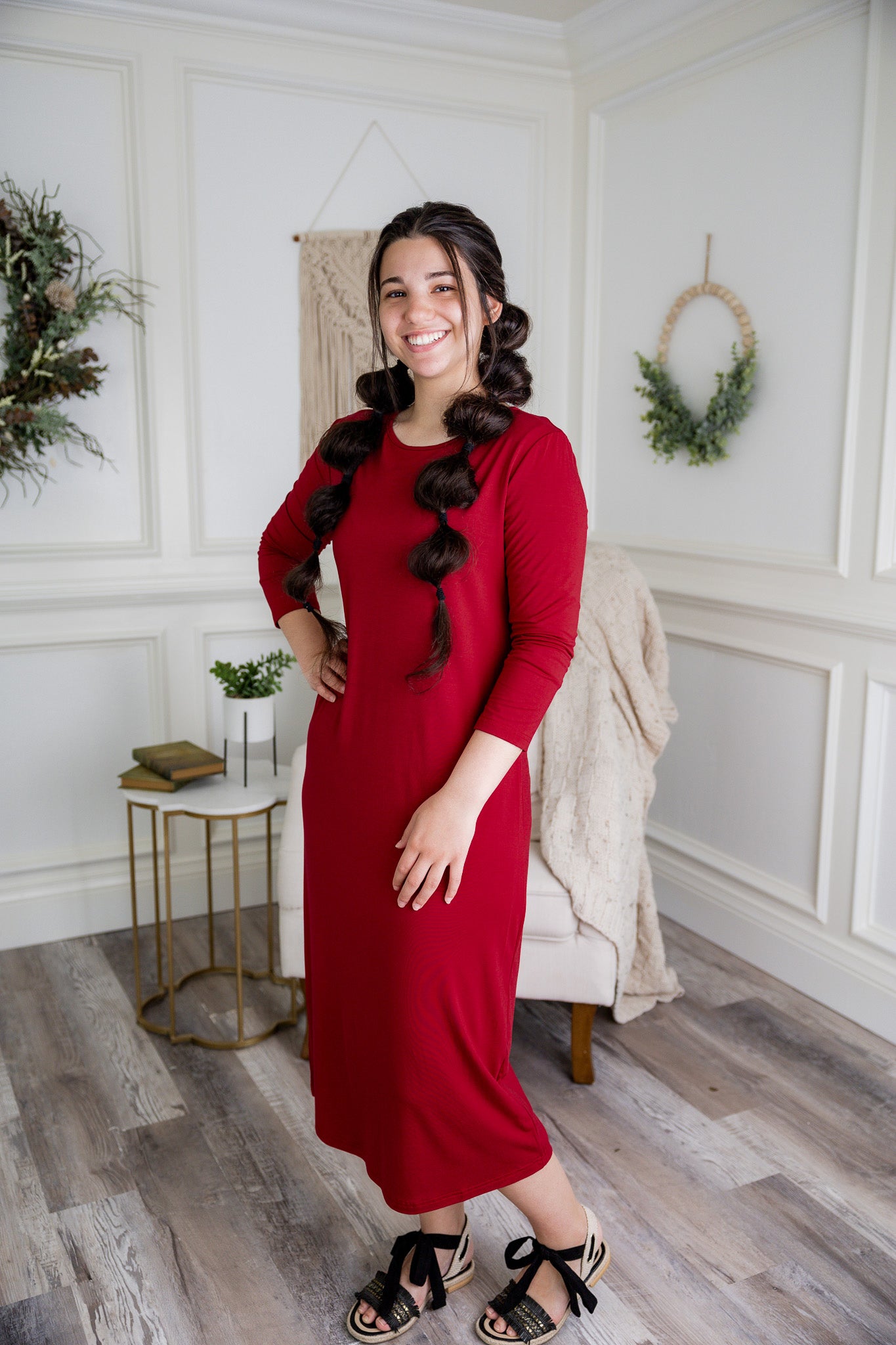 Model wearing Nuggles® Original Style Midi Layering Dress in soft cotton knit