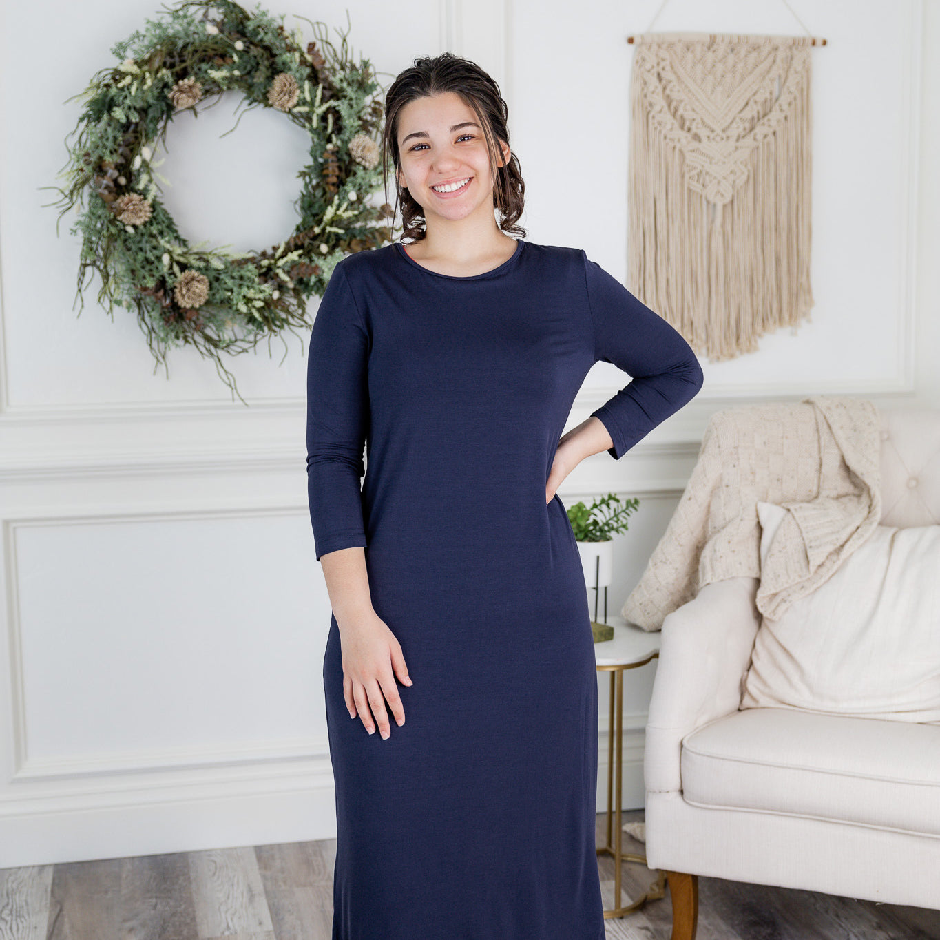 Model wearing Nuggles® Original Style Midi Layering Dress in soft cotton knit