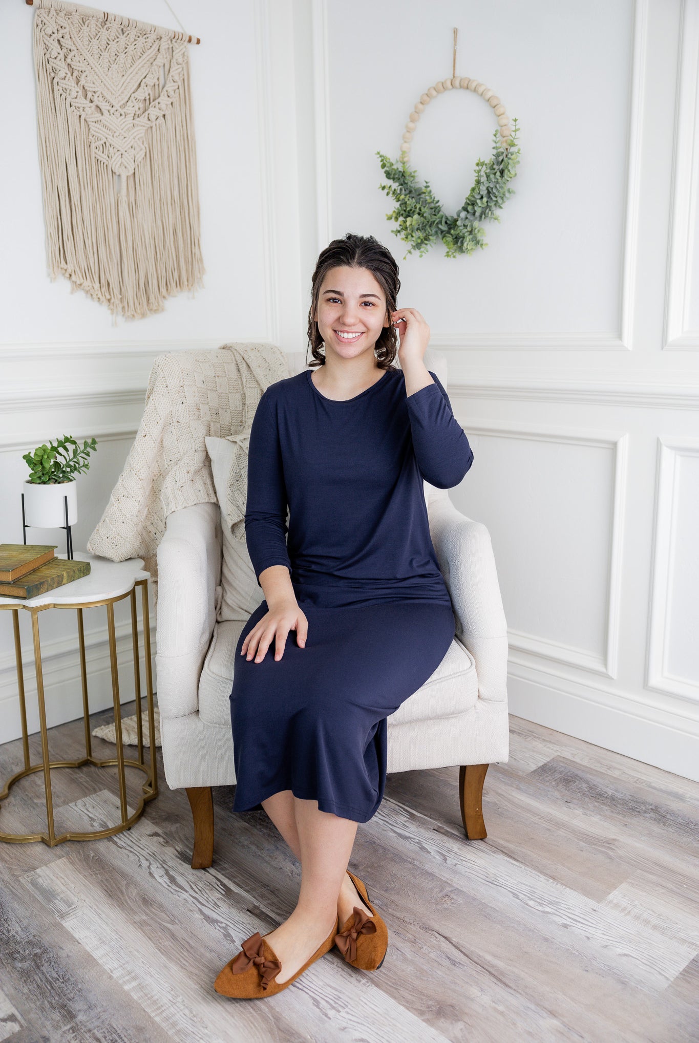 Model wearing  Nuggles® Original Style Midi Layering Dress in soft cotton knit