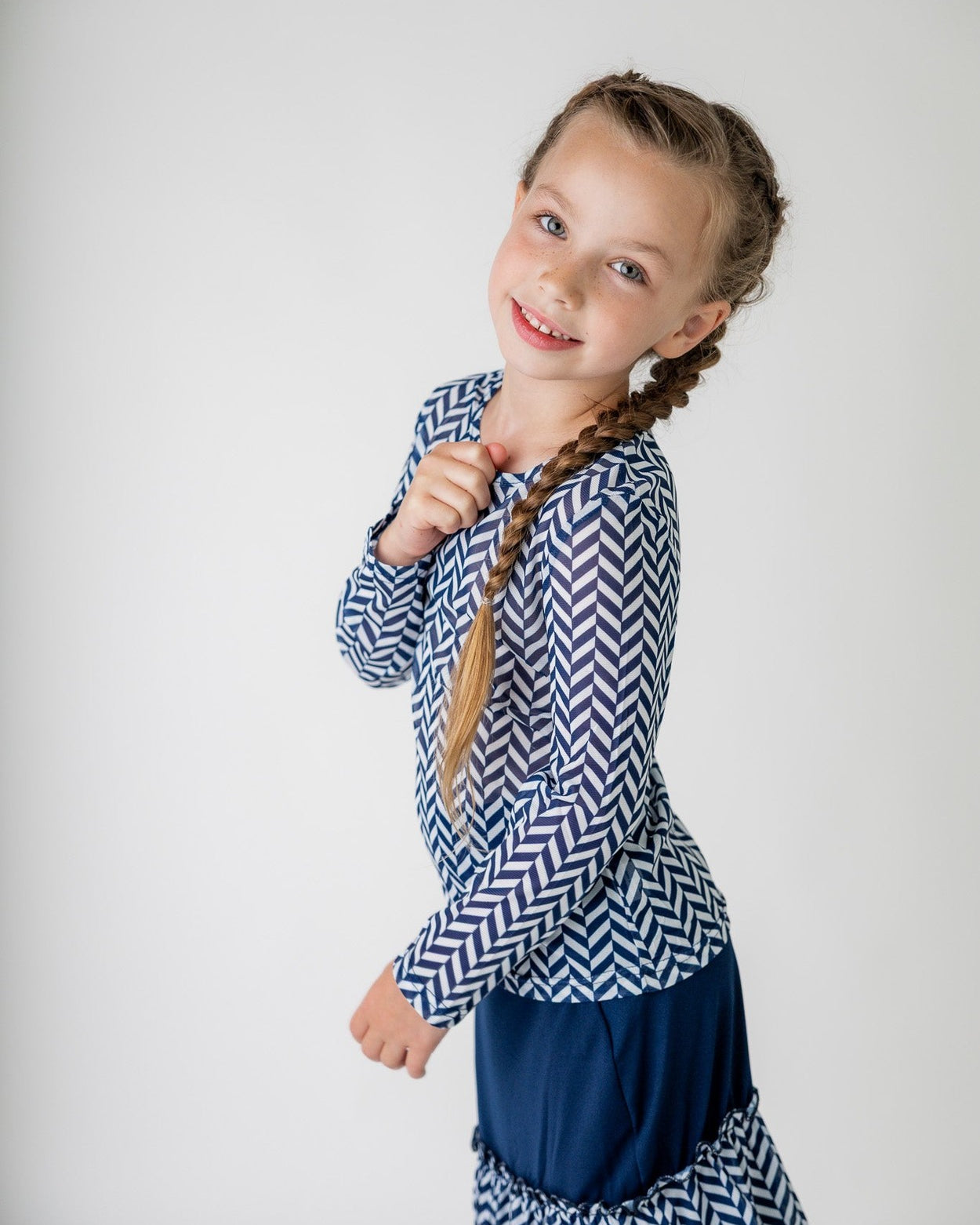 Girls' Mesh Tee in Blue & White Chevron - Final Sale nuggles-clothing