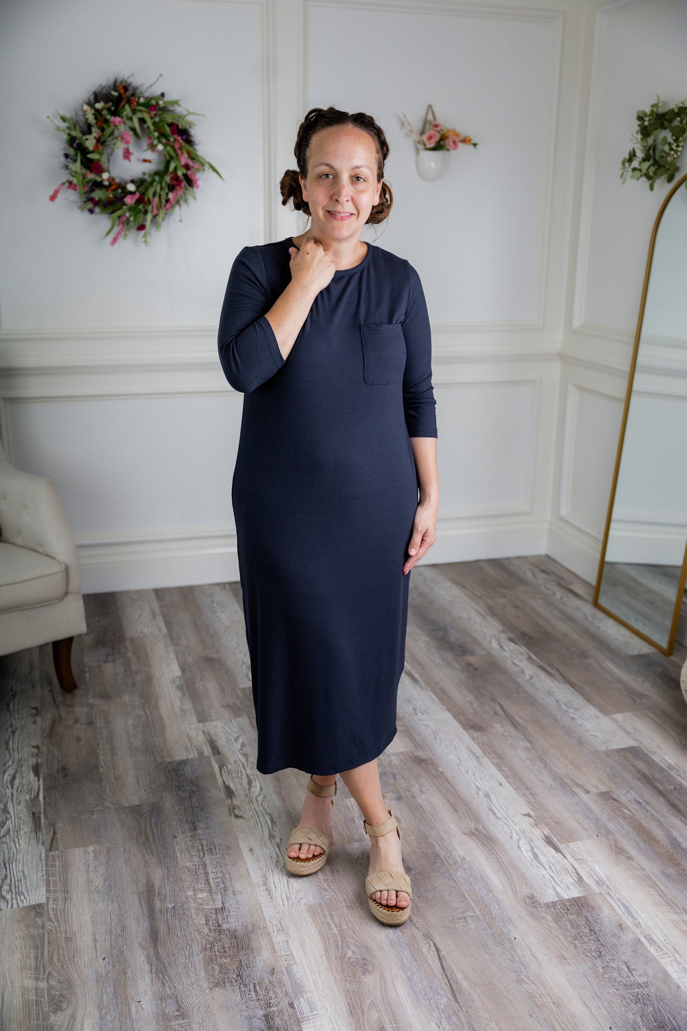 Nuggles® Allie Dress – Modest ribbed knit T-shirt dress with 3/4 sleeves and front pocket.