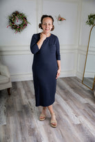 Nuggles® Allie Dress – Modest ribbed knit T-shirt dress with 3/4 sleeves and front pocket.