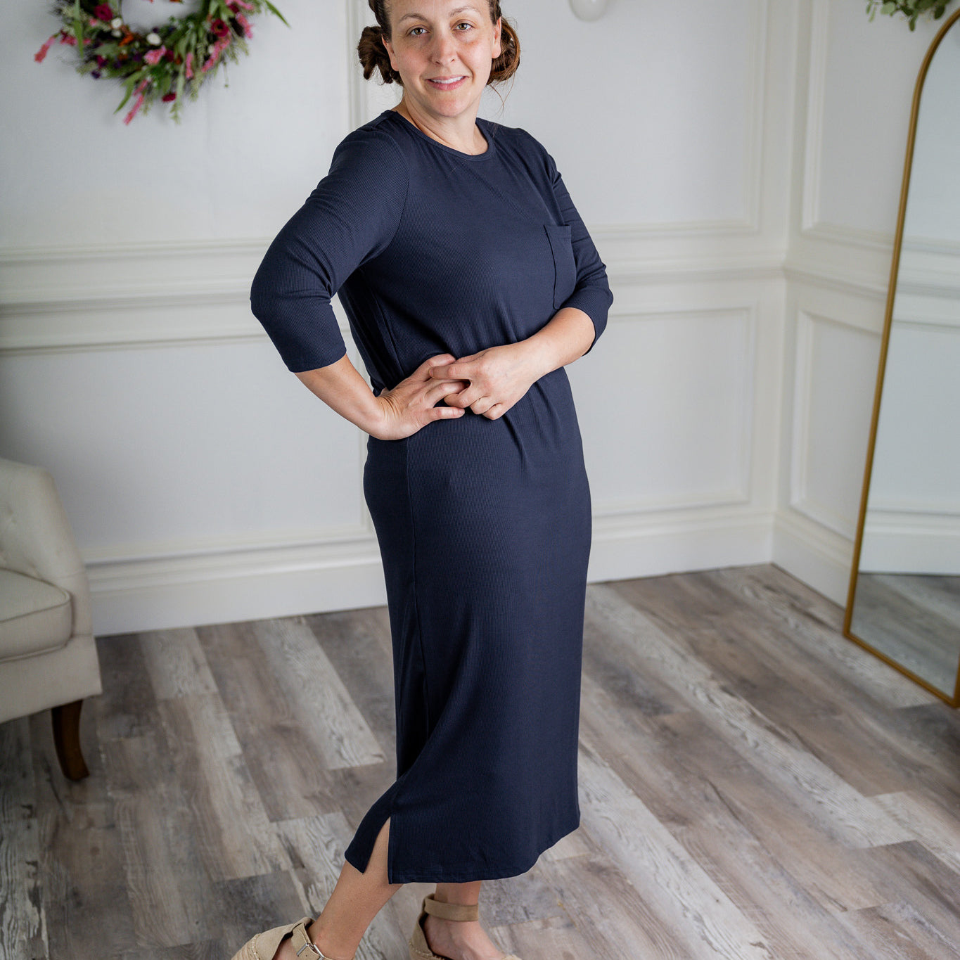 Nuggles® Allie Dress – Modest ribbed knit T-shirt dress with 3/4 sleeves and front pocket.