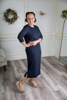 Nuggles® Allie Dress – Modest ribbed knit T-shirt dress with 3/4 sleeves and front pocket.