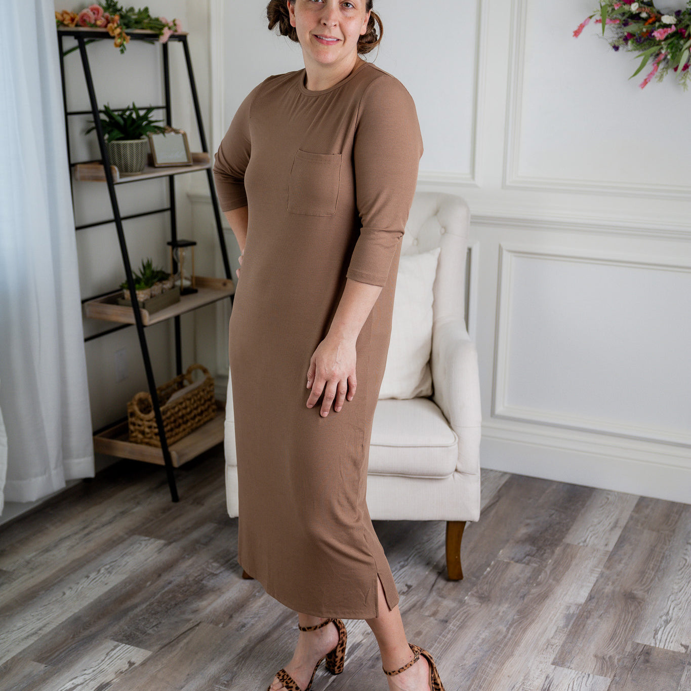 Nuggles® Allie Dress – Modest ribbed knit T-shirt dress with 3/4 sleeves and front pocket.
